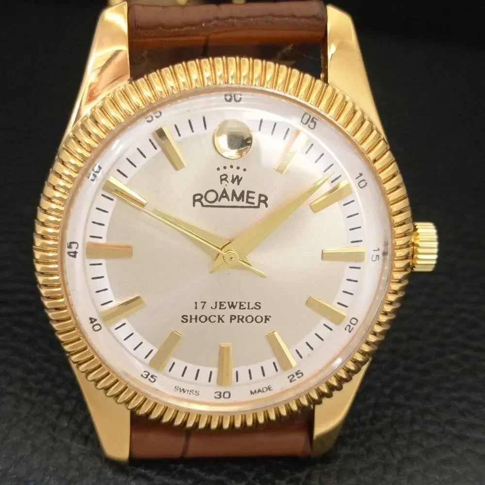 Vintage 1973 Roamer Manual Mens Gold Watch W/Leather Strap & Silver accents